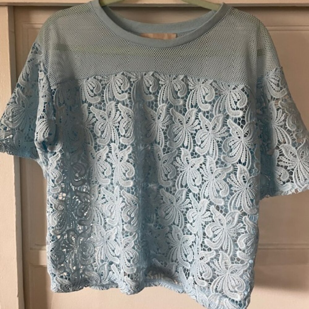 Cropped Top Lace Mesh Women's Medium Blue Boho Floral Hippie